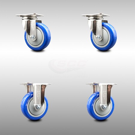 Service Caster 4 Inch 316SS Blue Polyurethane Wheel Swivel Top Plate Caster Rigid SCC, 2PK SCC-SS31620S414-PPUB-BLUE-2-R-2